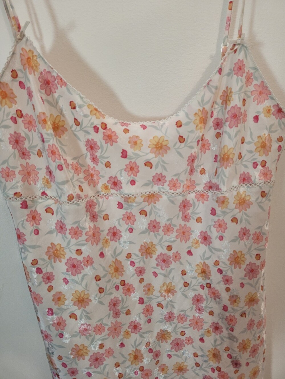 La SENZA Vintage White Pink Floral Chemise Satiny Slip Dress - L - Picture 6 of 9
